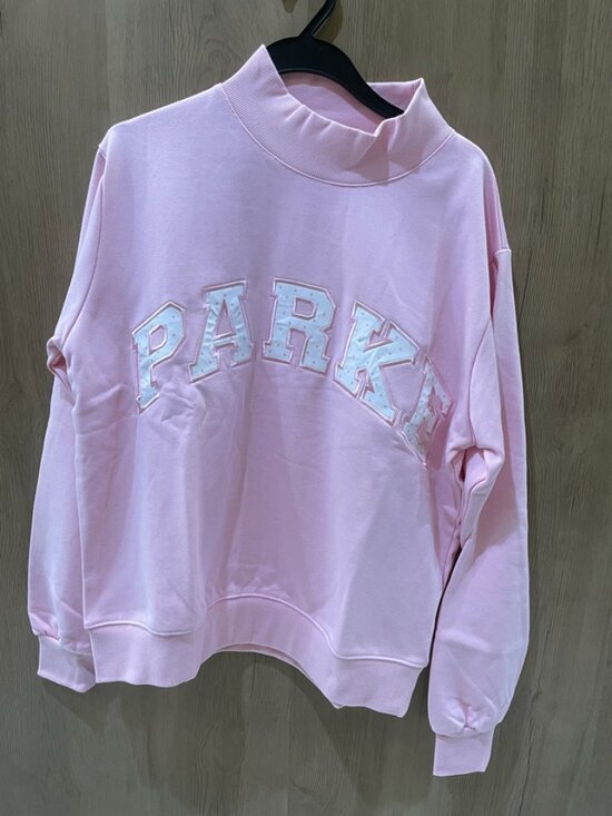 Parke Tops - Women’s Parke Pink Mock Neck Casual Pullover Sweatshirt With Varsity Applique